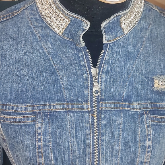 Allen B Scwartz Rhinestone Encrusted Distressed Denim Jacket - Picture 7 of 8